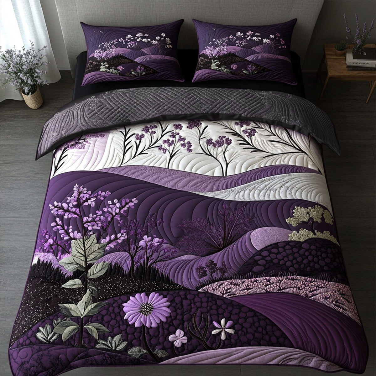 Purple Serenity quilted 3-piece bedding set on a made bed with two matching pillow shams