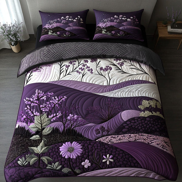 Purple Serenity quilted 3-piece bedding set on a made bed with two matching pillow shams