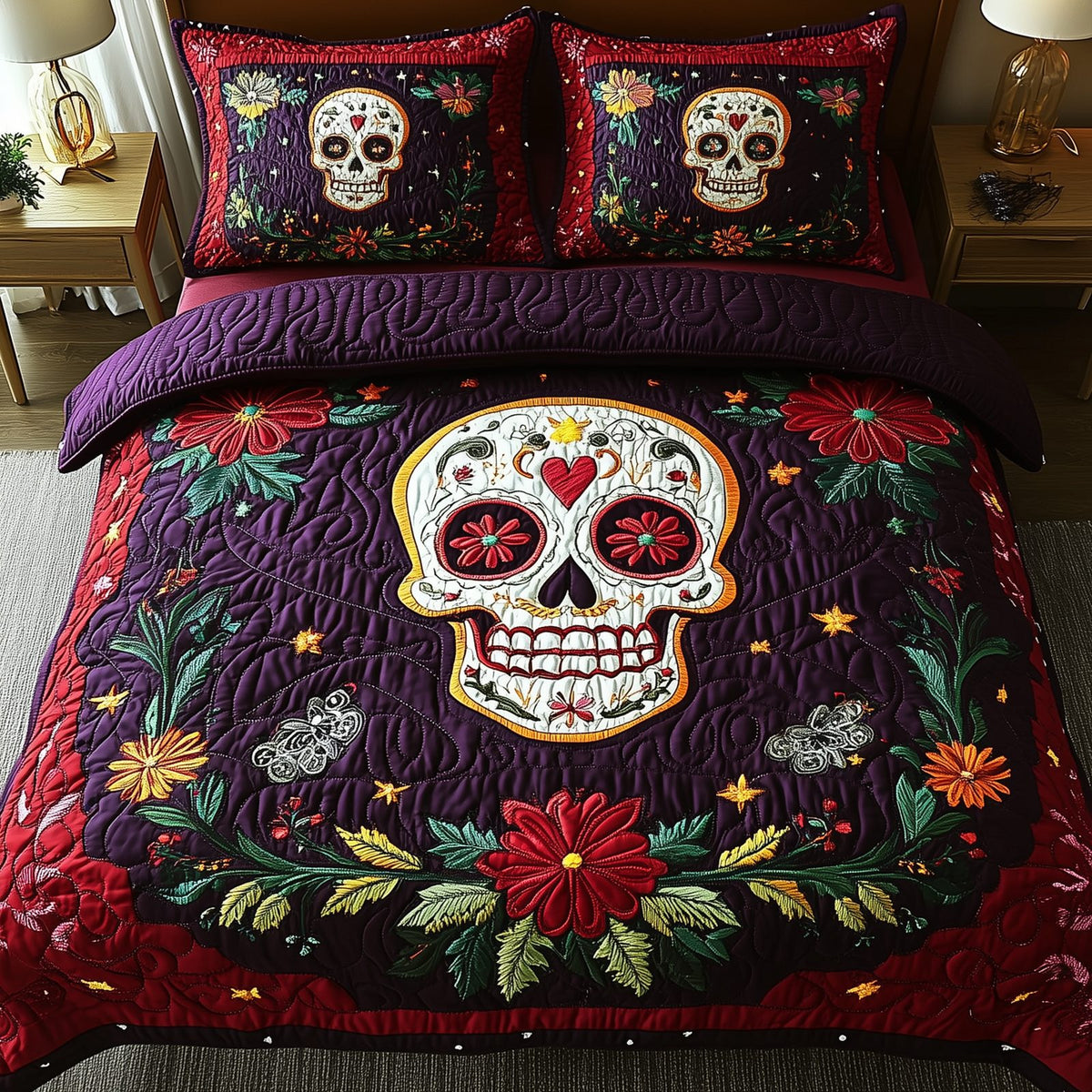 Purple Skull quilted 3-piece bedding set on a made bed against a dark styled interior