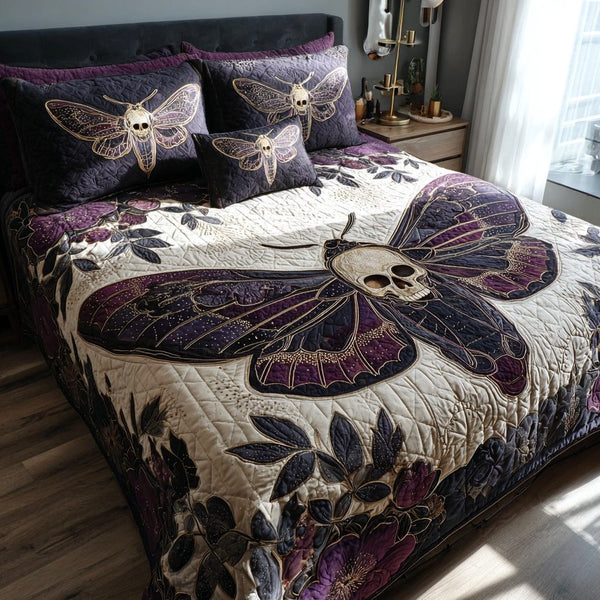 Purple Skull quilted 3-piece bedding set on a made bed against a dark styled interior