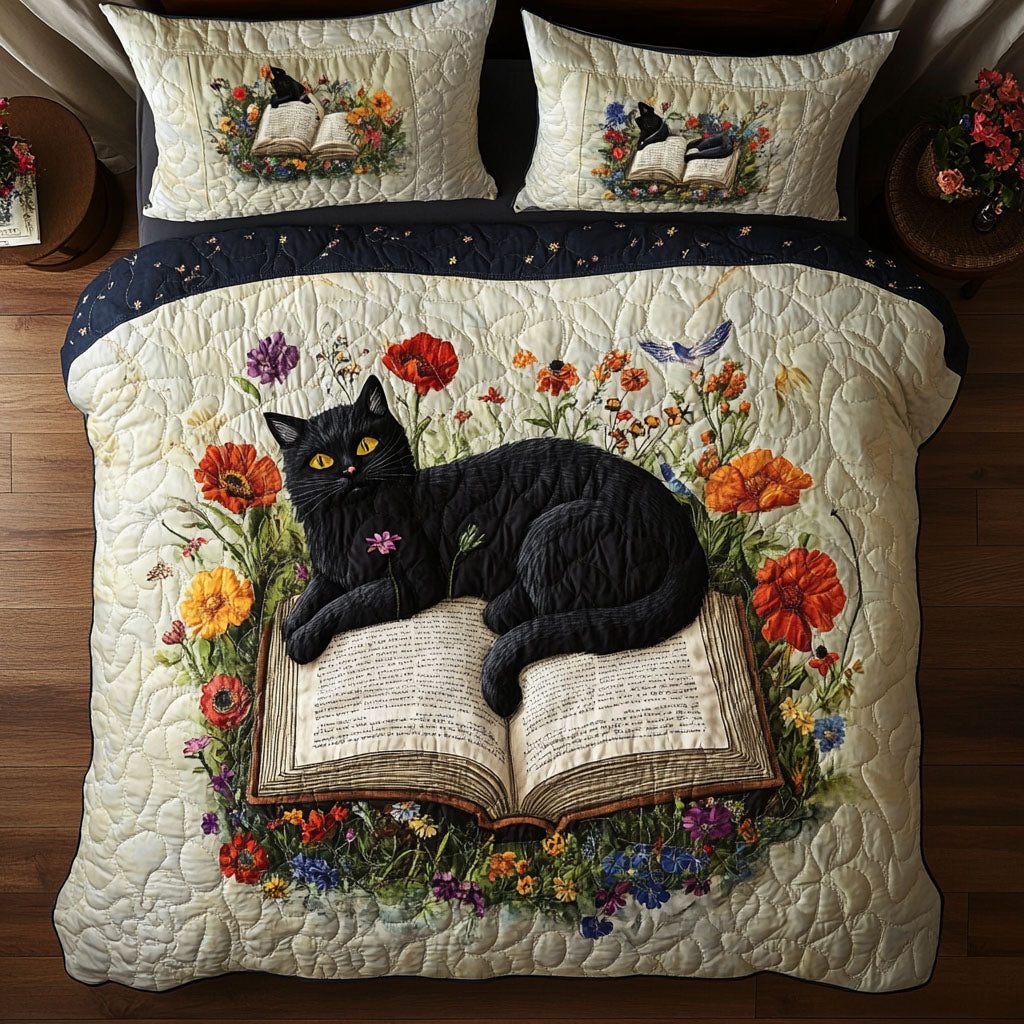 Purr and Read quilted 3-piece bedding set on a made bed with two matching pillow shams