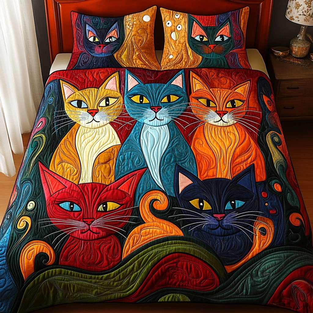 Purr Haven quilted 3-piece bedding set on a made bed with two matching pillow shams