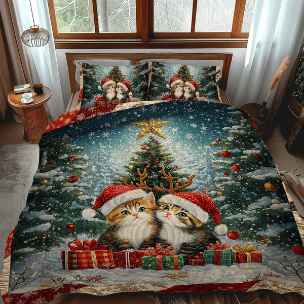 Purrfect Christmas Cats quilted 3-piece bedding set on a made bed in a winter-styled bedroom