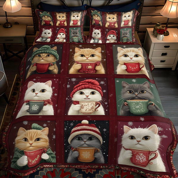 Purrfect Christmas quilted 3-piece bedding set on a made bed in a winter-styled bedroom