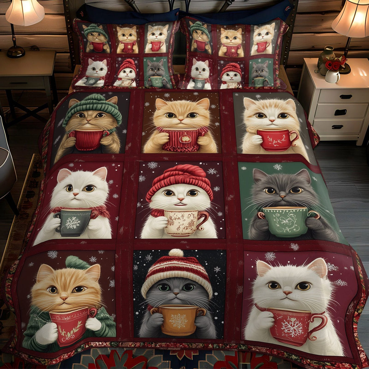 Purrfect Christmas quilted 3-piece bedding set on a made bed in a winter-styled bedroom