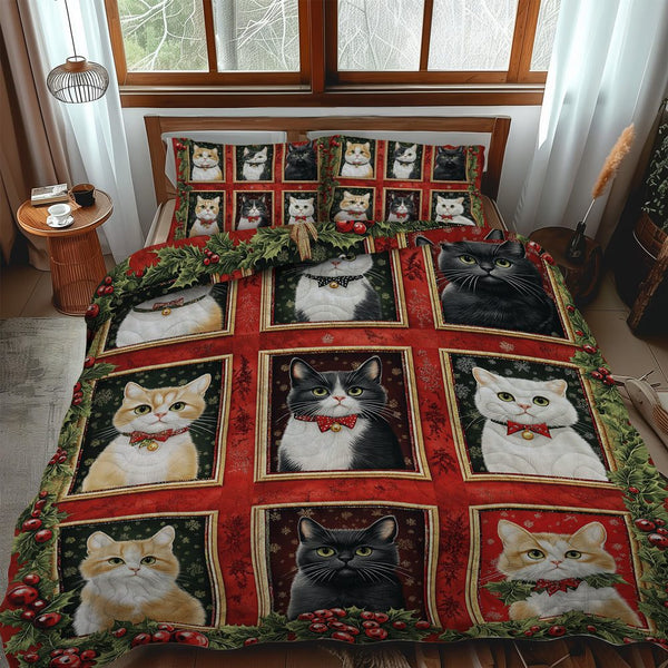 Purrfect Christmas quilted 3-piece bedding set on a made bed in a winter-styled bedroom