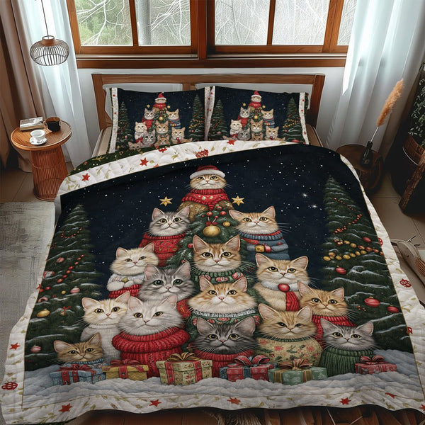 Purrfect Christmas Scene quilted 3-piece bedding set on a made bed in a winter-styled bedroom