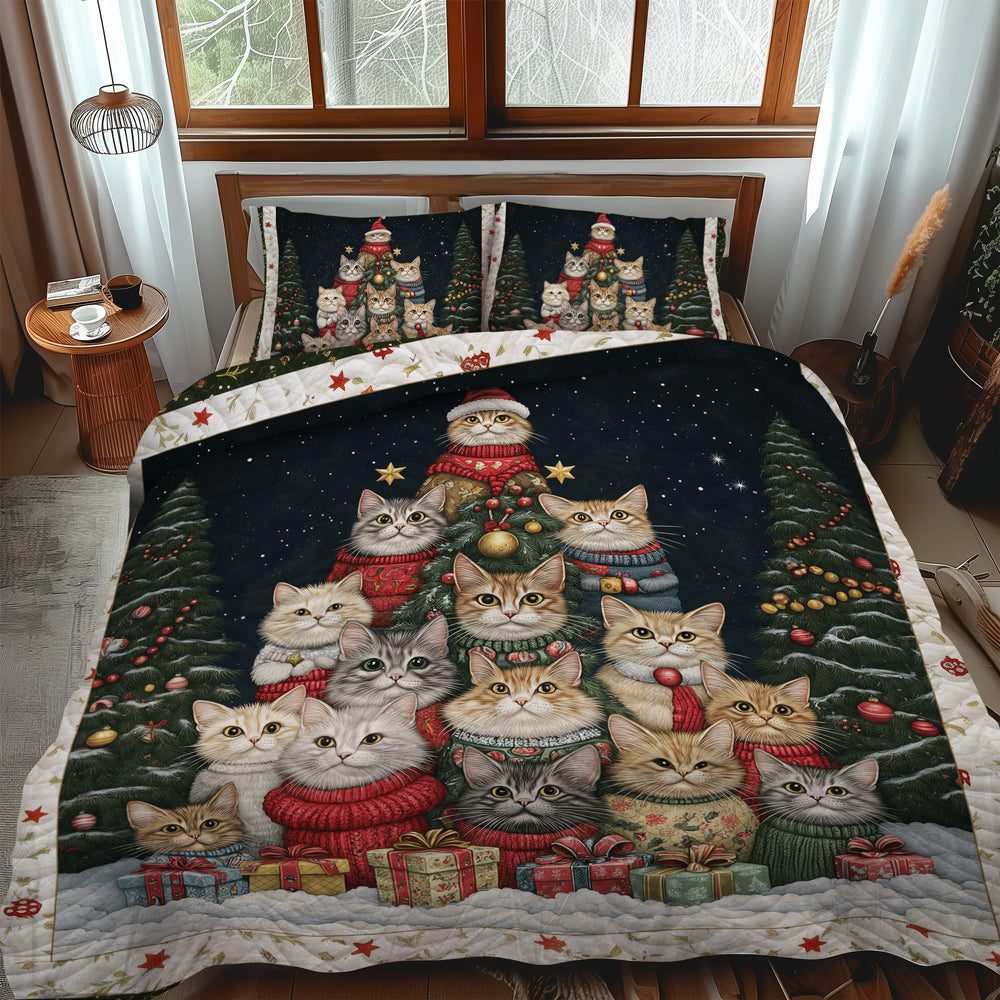 Purrfect Christmas Scene quilted 3-piece bedding set on a made bed in a winter-styled bedroom