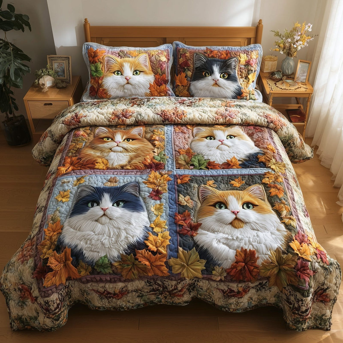 Purrfect Fall quilted 3-piece bedding set on a made bed with two matching pillow shams