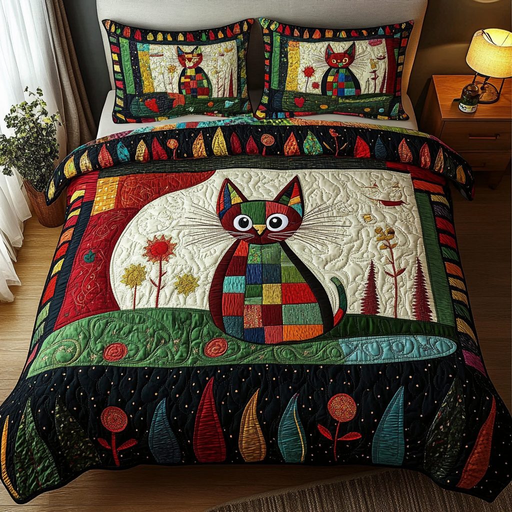 Purrfect Harmony quilted 3-piece bedding set on a made bed with two matching pillow shams