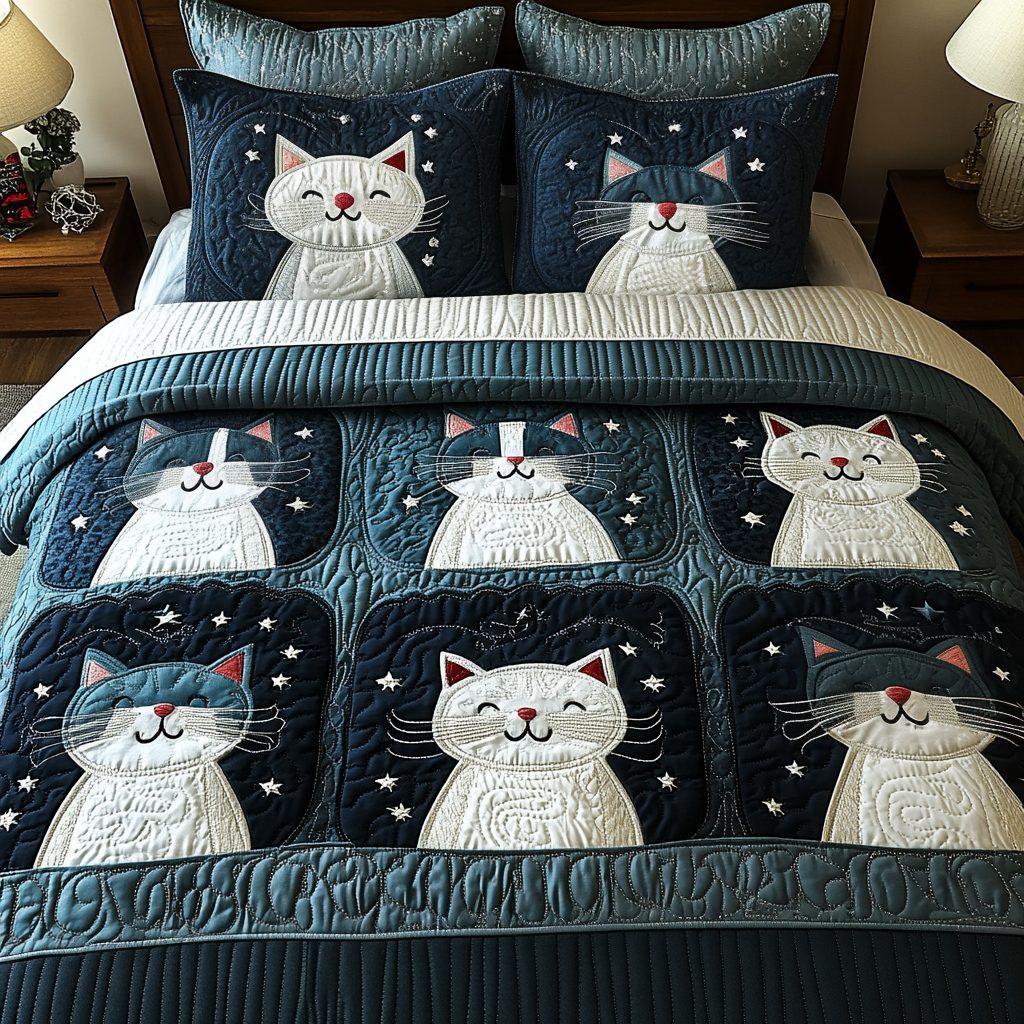 Purrfect Night Sky quilted 3-piece bedding set on a made bed with two matching pillow shams