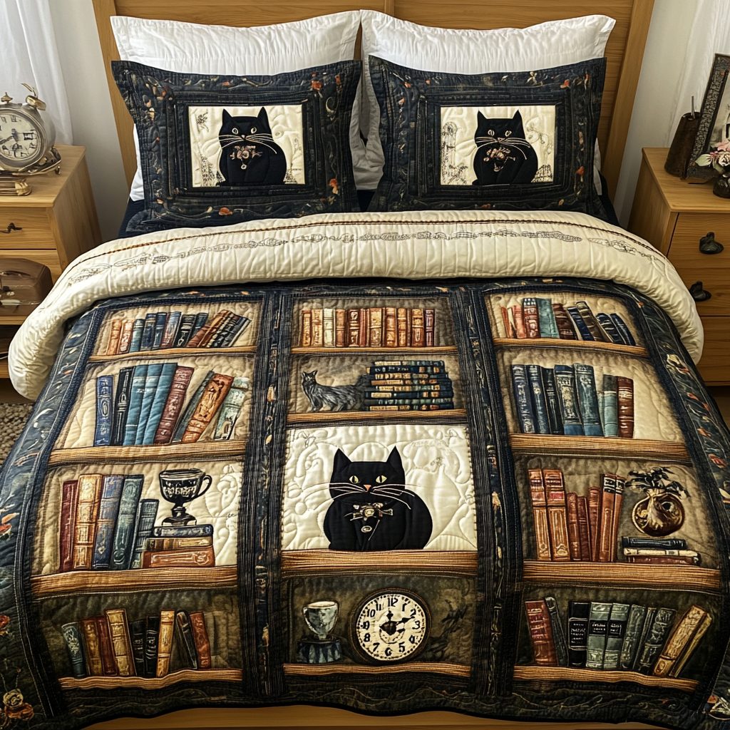 Purrfect Reads quilted 3-piece bedding set on a made bed with two matching pillow shams