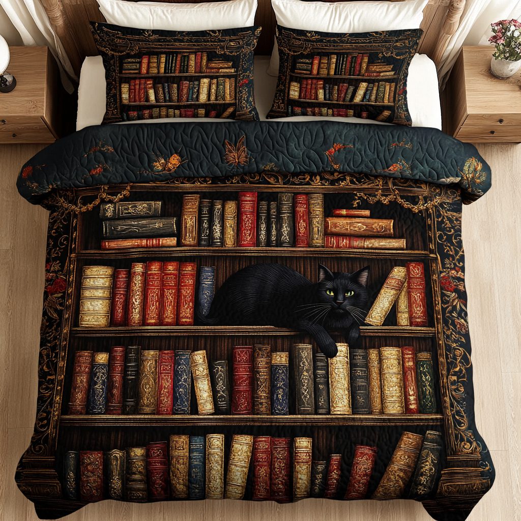 Purrfect Shelf quilted 3-piece bedding set on a made bed with two matching pillow shams