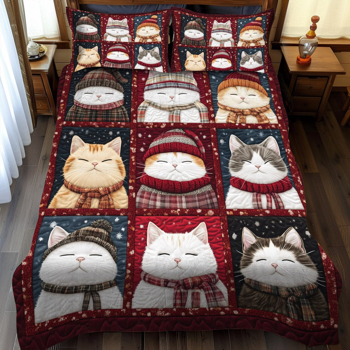 Purrfectly Cozy Cats quilted 3-piece bedding set on a made bed with two matching pillow shams