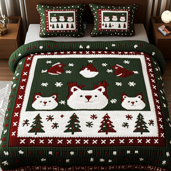 Purrfectly Festive quilted 3-piece bedding set on a made bed in a winter-styled bedroom