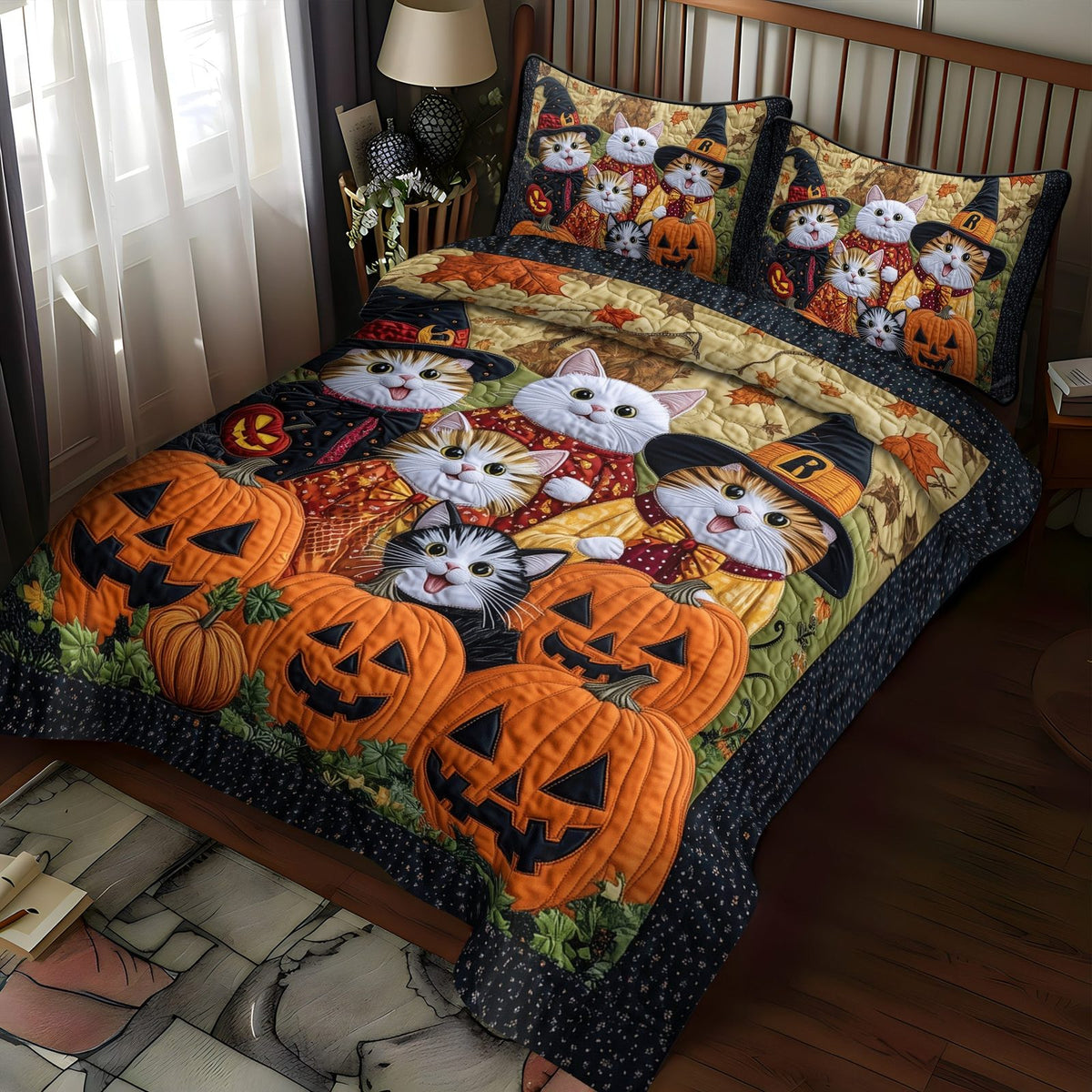 Purrfectly Haunted quilted 3-piece bedding set on a made bed against a dark styled interior