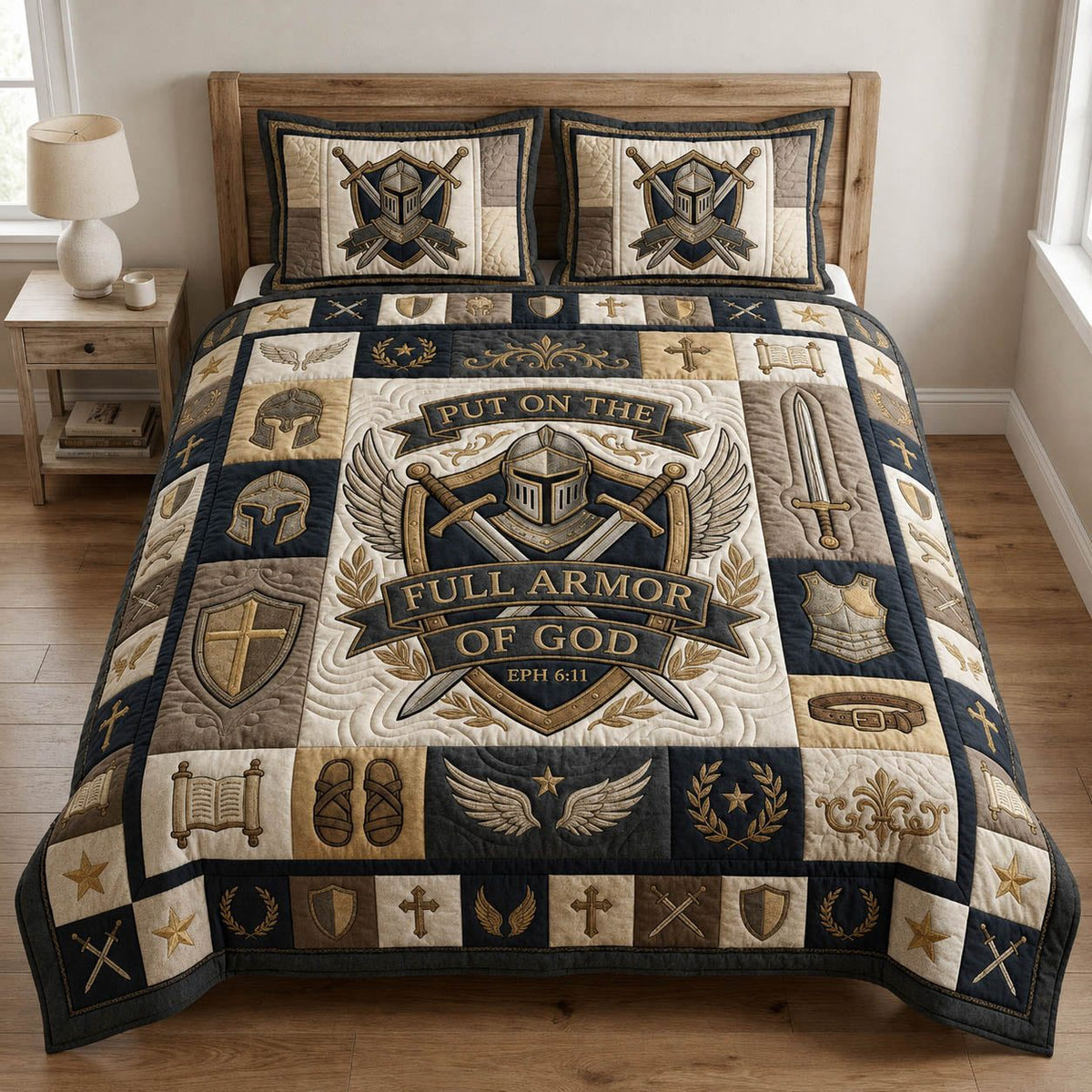 Put On The Full Armor Of God quilted 3-piece bedding set on a made bed in a softly lit bedroom