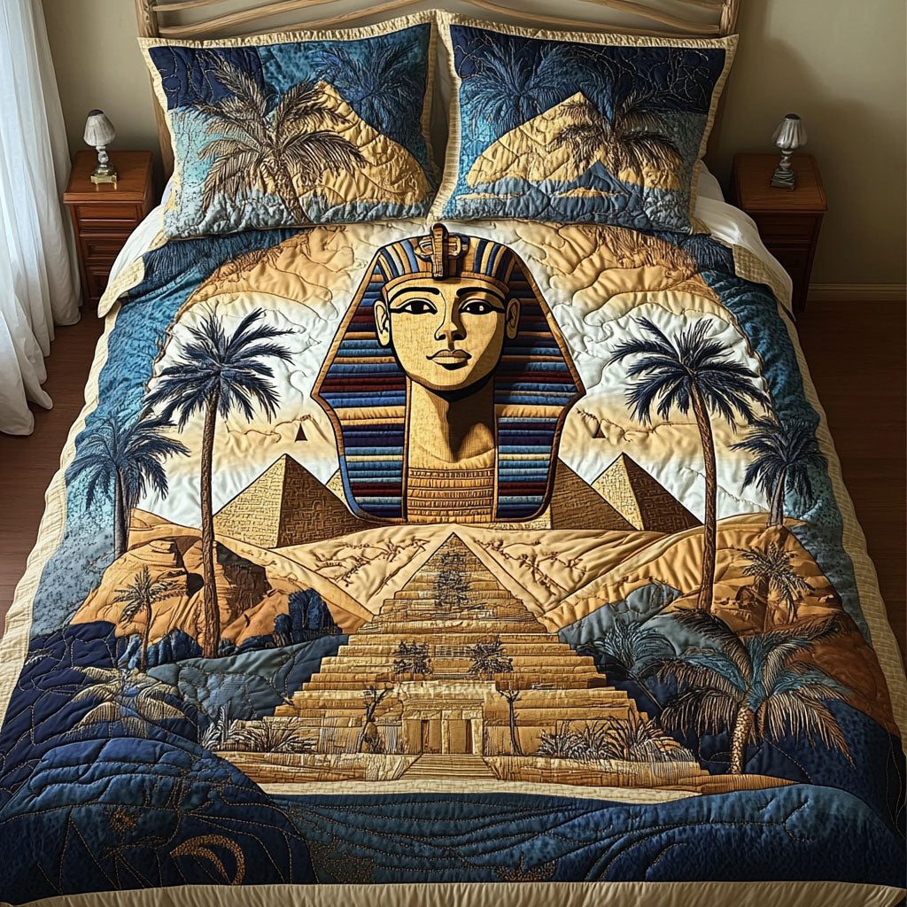 Pyramid Majesty quilted 3-piece bedding set on a made bed with two matching pillow shams