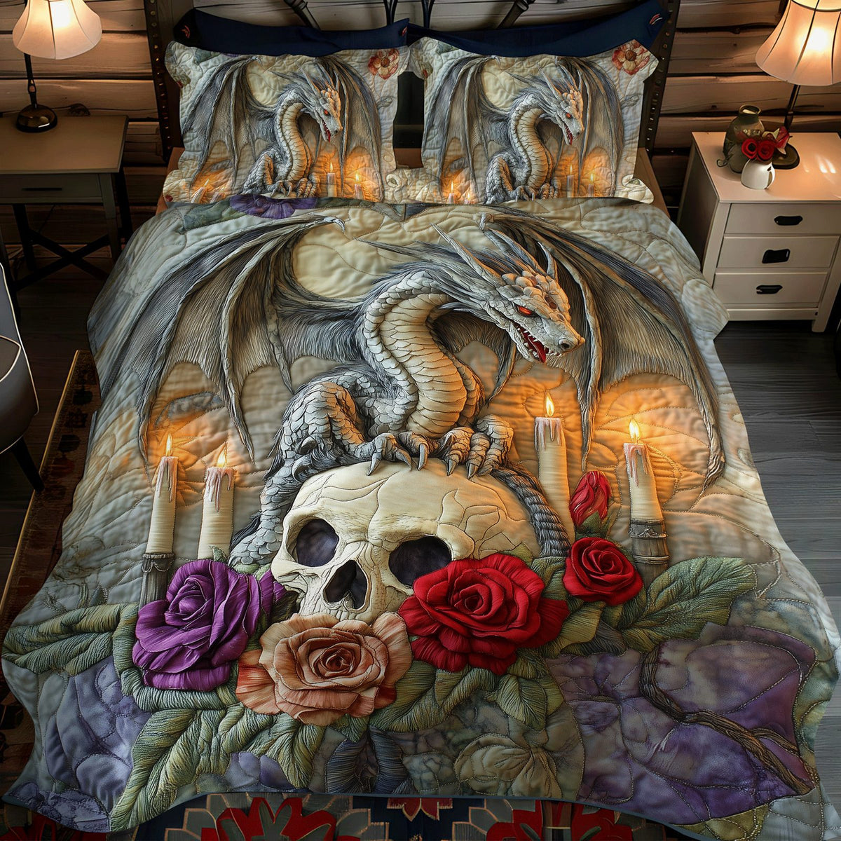 Pyric Sovereign quilted 3-piece bedding set on a made bed with two matching pillow shams