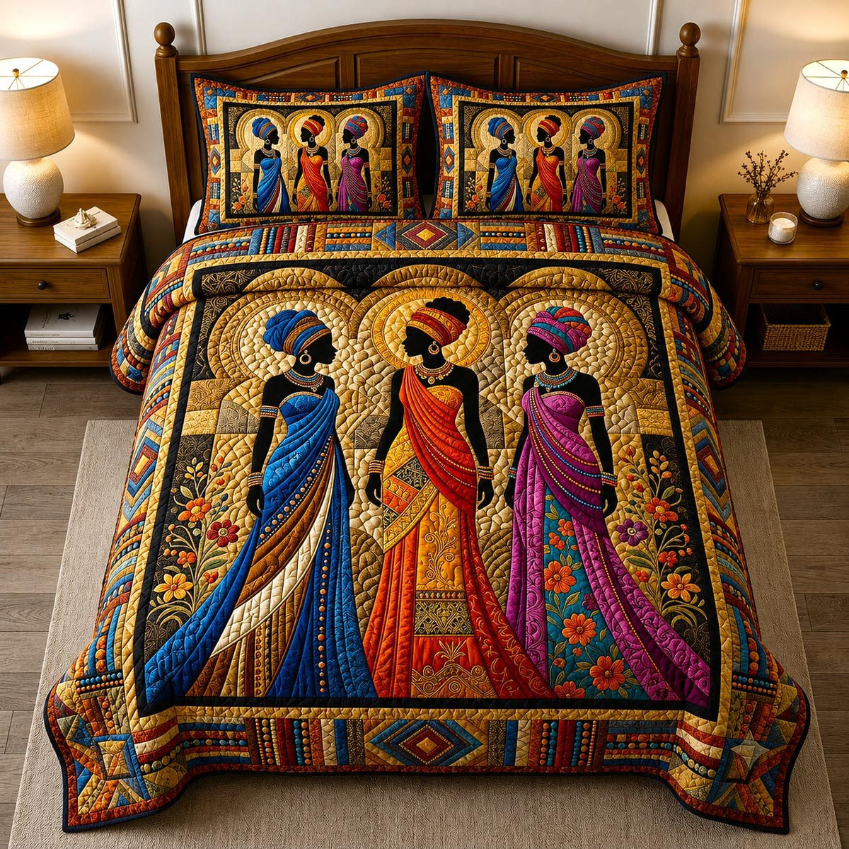 Queen Heritage quilted 3-piece bedding set on a made bed in a farmhouse bedroom