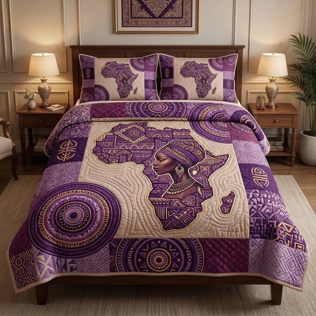 Queen Legacy quilted 3-piece bedding set on a made bed with two matching pillow shams