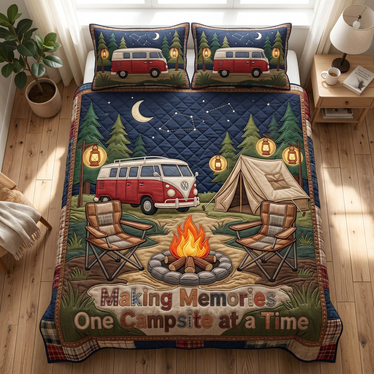 Quiet Camp quilted 3-piece bedding set on a made bed with two matching pillow shams
