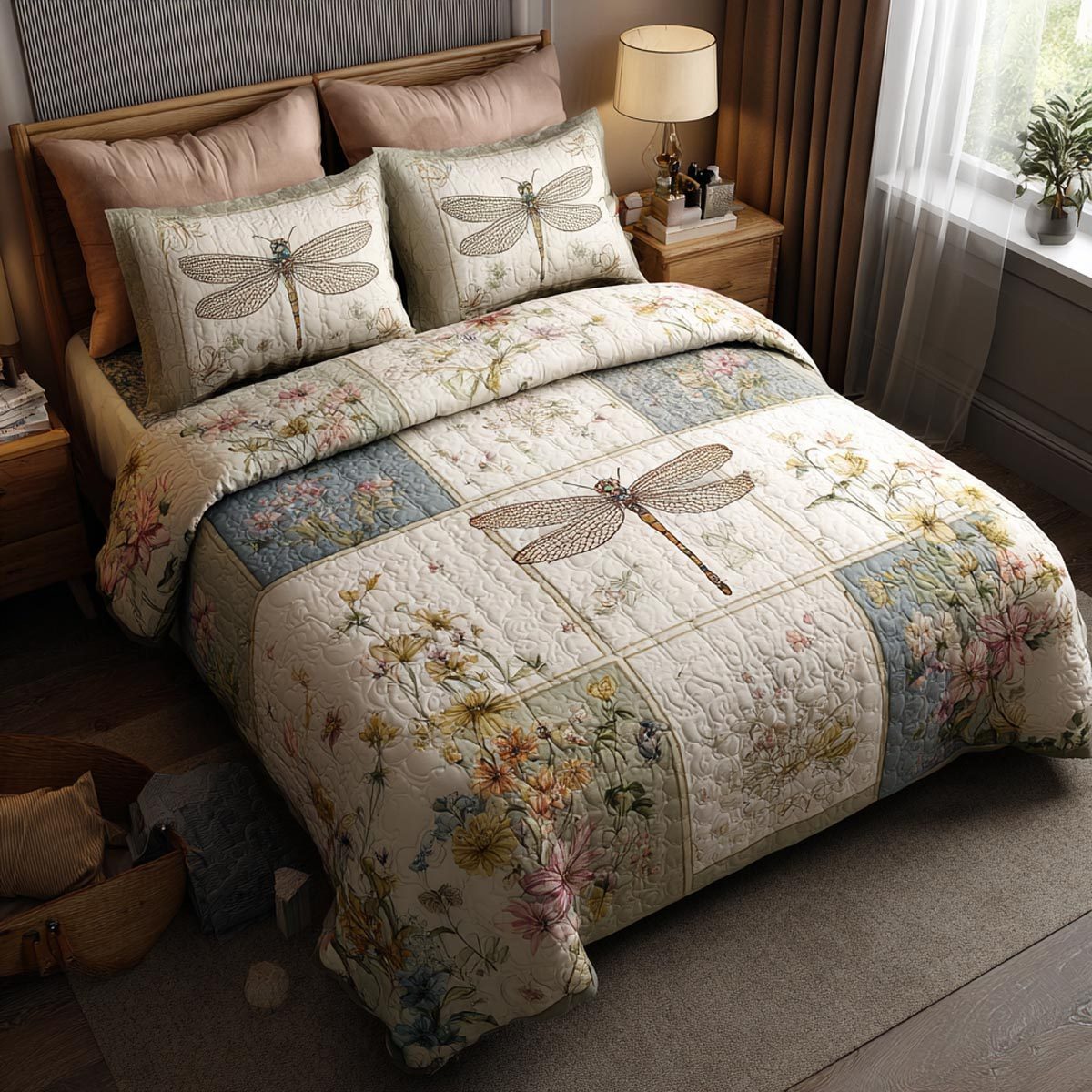 Quiet Dragonfly quilted 3-piece bedding set on a made bed with two matching pillow shams