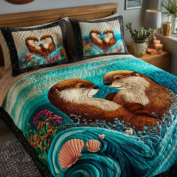 Quiet Romance quilted 3-piece bedding set on a made bed with two matching pillow shams