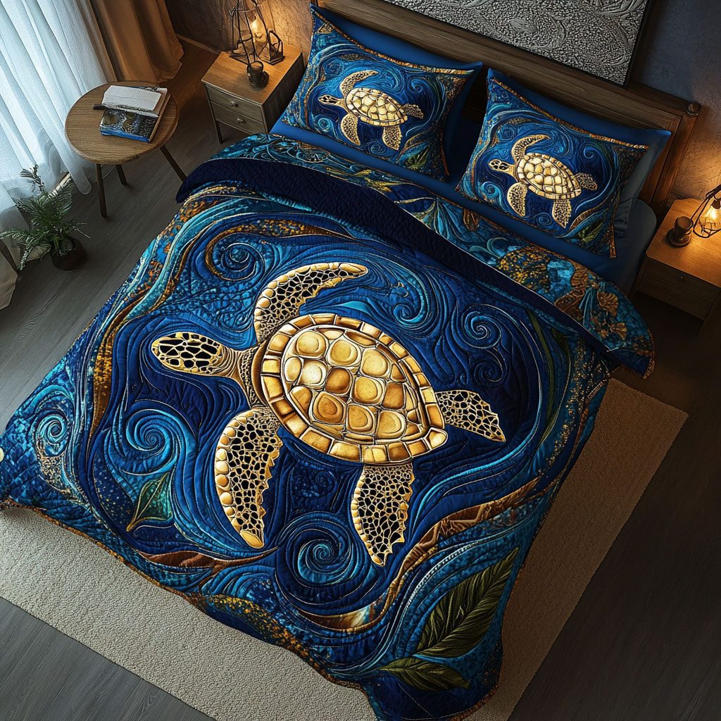 Quiet Shell Escape quilted 3-piece bedding set on a made bed in a light coastal bedroom
