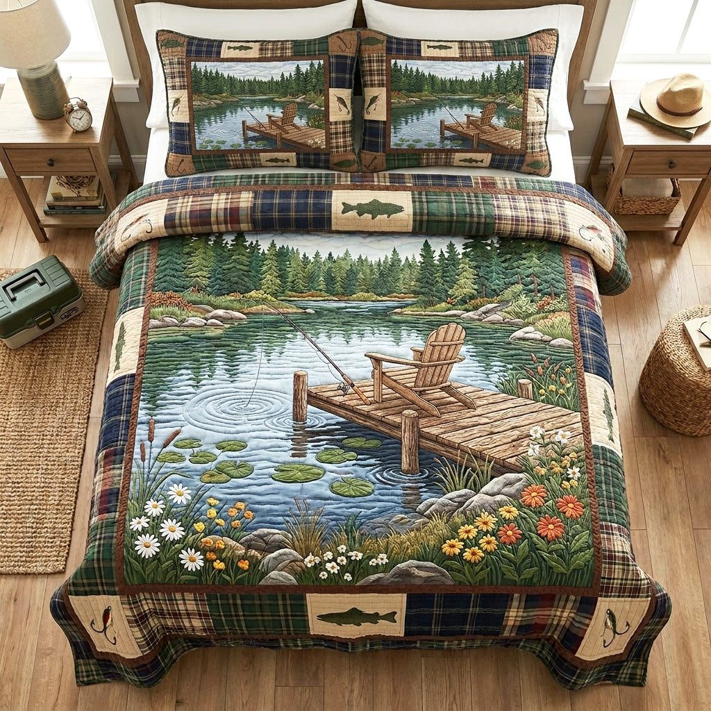 Quiet Waters quilted 3-piece bedding set on a made bed with two matching pillow shams