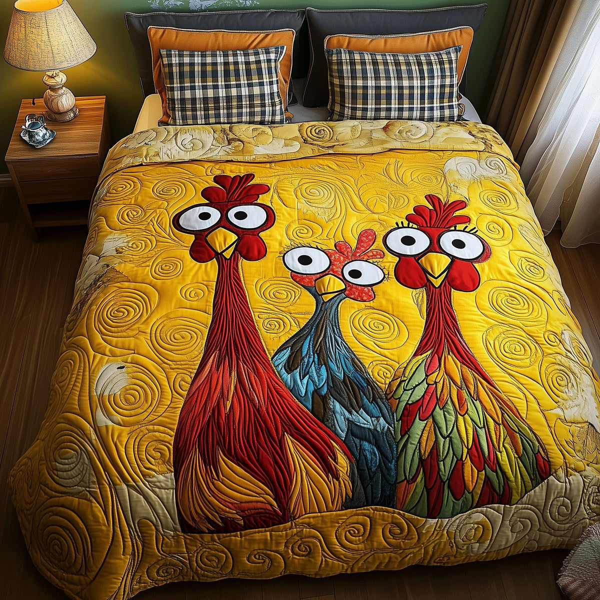 Quirky Chicken quilted 3-piece bedding set on a made bed with two matching pillow shams