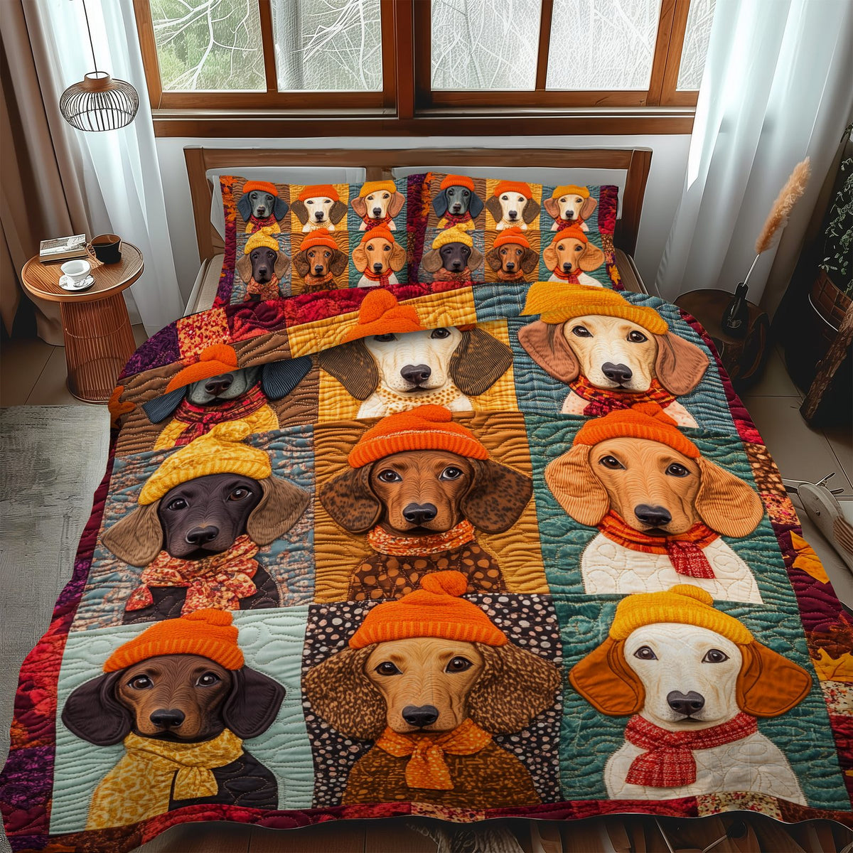 Quirky Dachshund quilted 3-piece bedding set on a made bed with two matching pillow shams