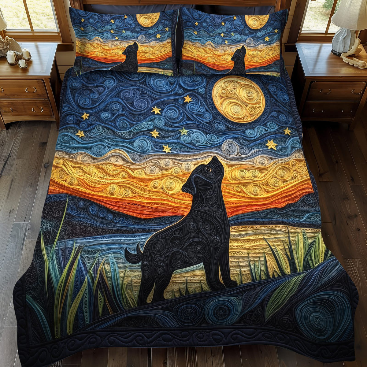 Quirky Pug quilted 3-piece bedding set on a made bed with two matching pillow shams