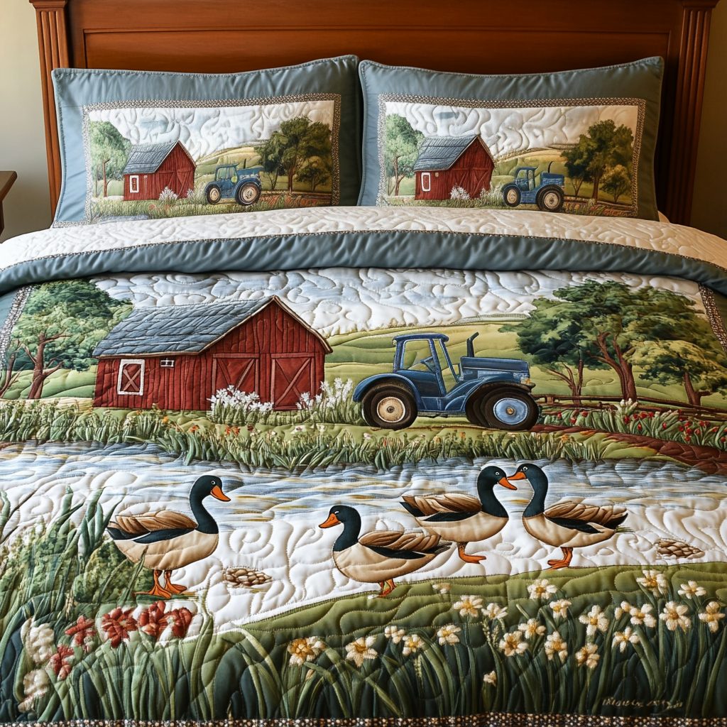 Quirky Quack quilted 3-piece bedding set on a made bed with two matching pillow shams