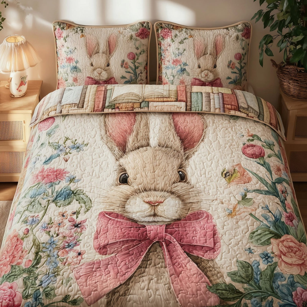 Rabbit quilted 3-piece bedding set on a made bed with two matching pillow shams