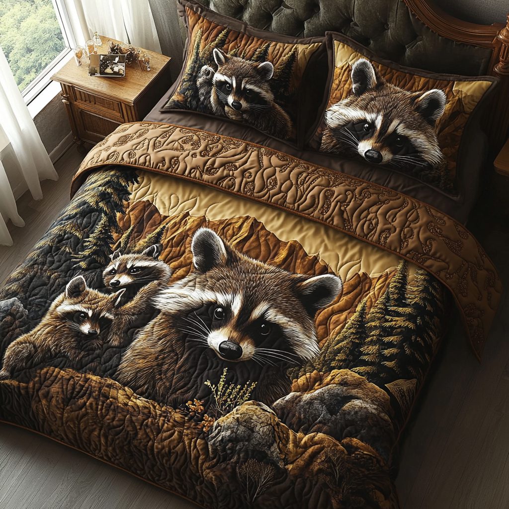 Raccoon Family quilted 3-piece bedding set on a made bed with two matching pillow shams