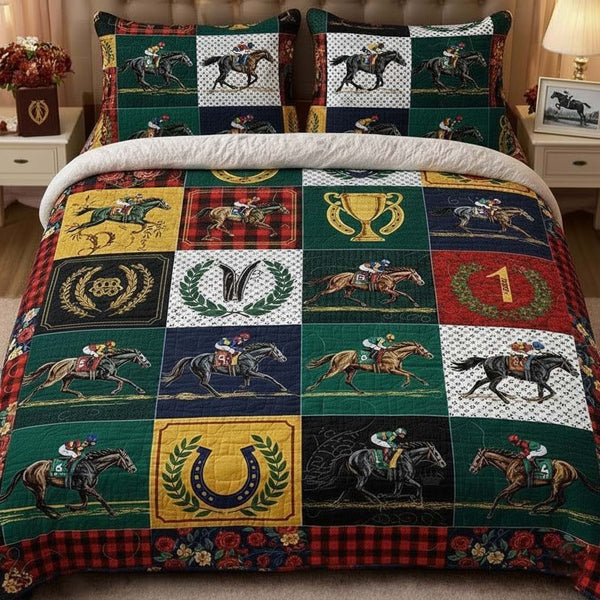 Racing Horse quilted 3-piece bedding set on a made bed in a rustic timber bedroom