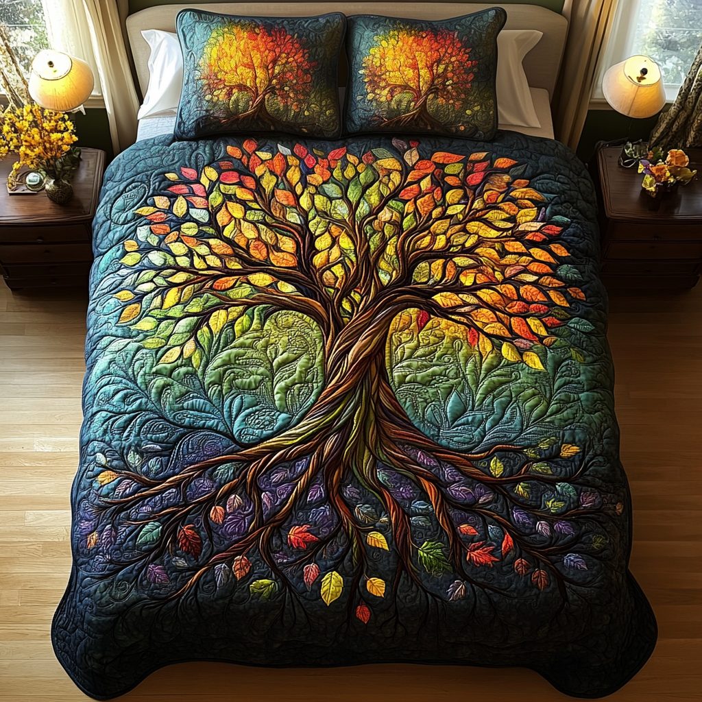 Radiant Arbor quilted 3-piece bedding set on a made bed with two matching pillow shams