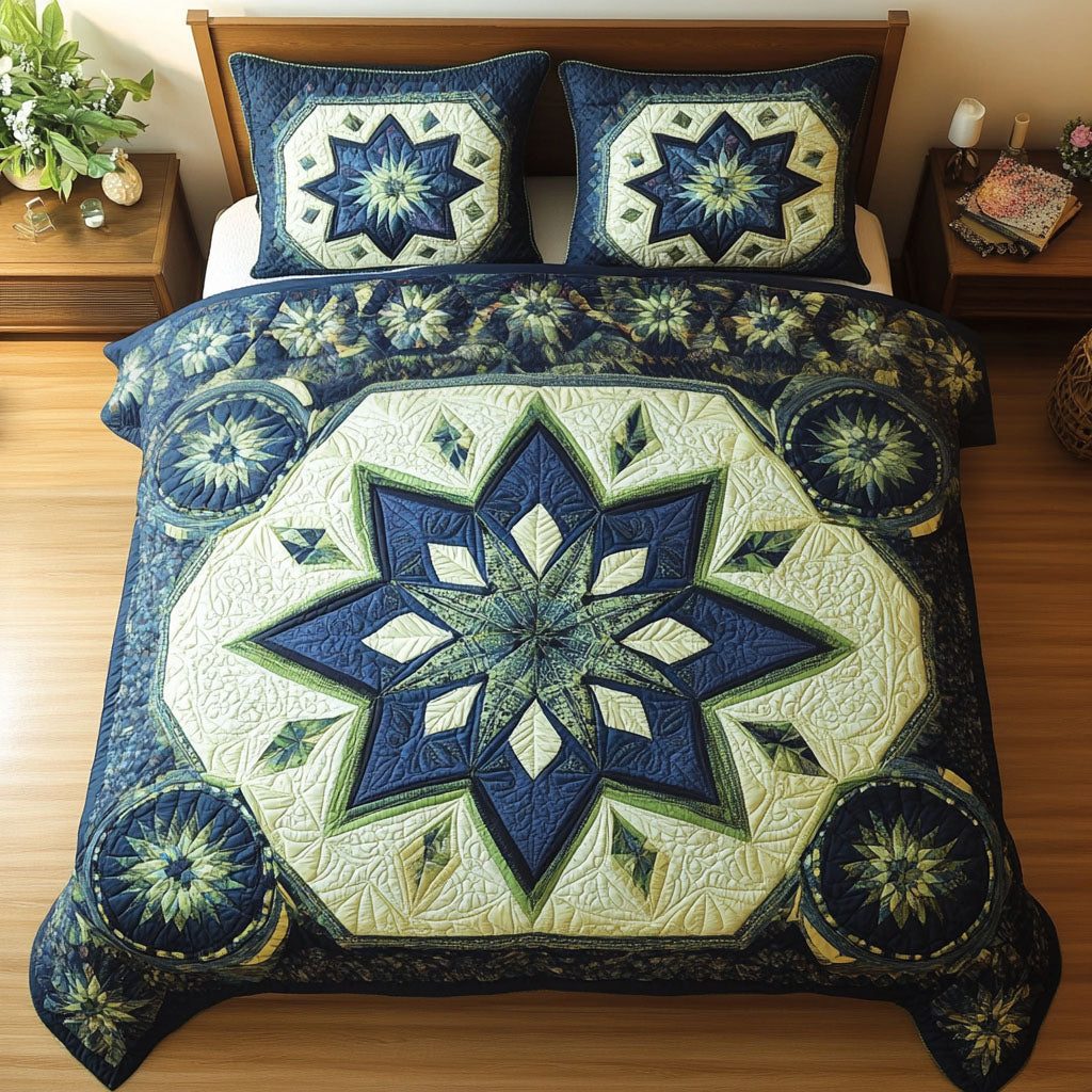Radiant Barn Star quilted 3-piece bedding set on a made bed in a farmhouse bedroom
