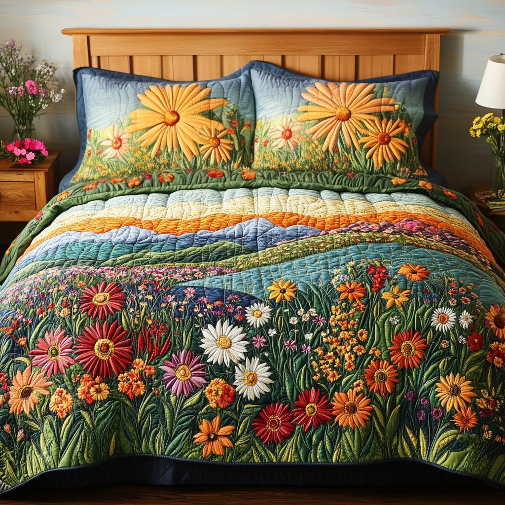 Radiant Bloom quilted 3-piece bedding set on a made bed with two matching pillow shams
