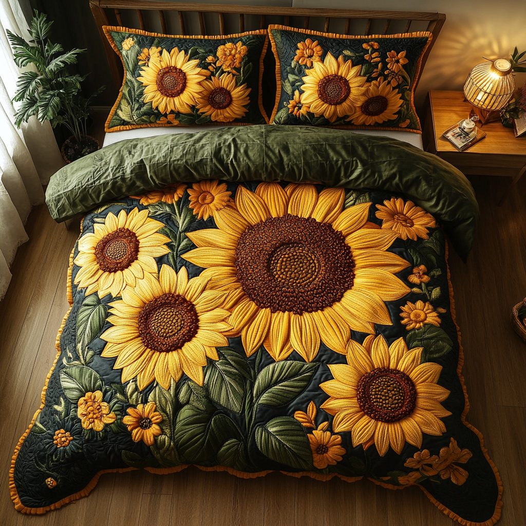 Radiant Blossom quilted 3-piece bedding set on a made bed with two matching pillow shams
