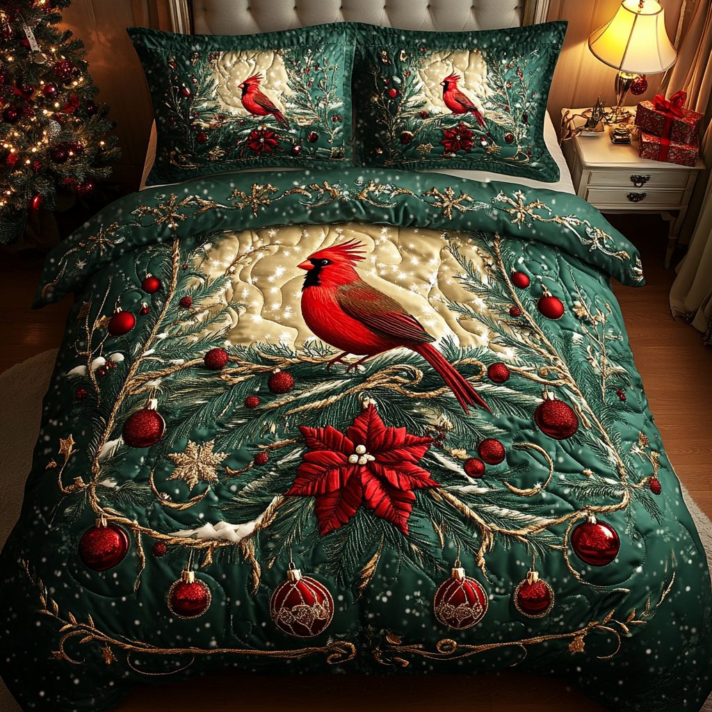 Radiant Cardinal Charm quilted 3-piece bedding set on a made bed with two matching pillow shams