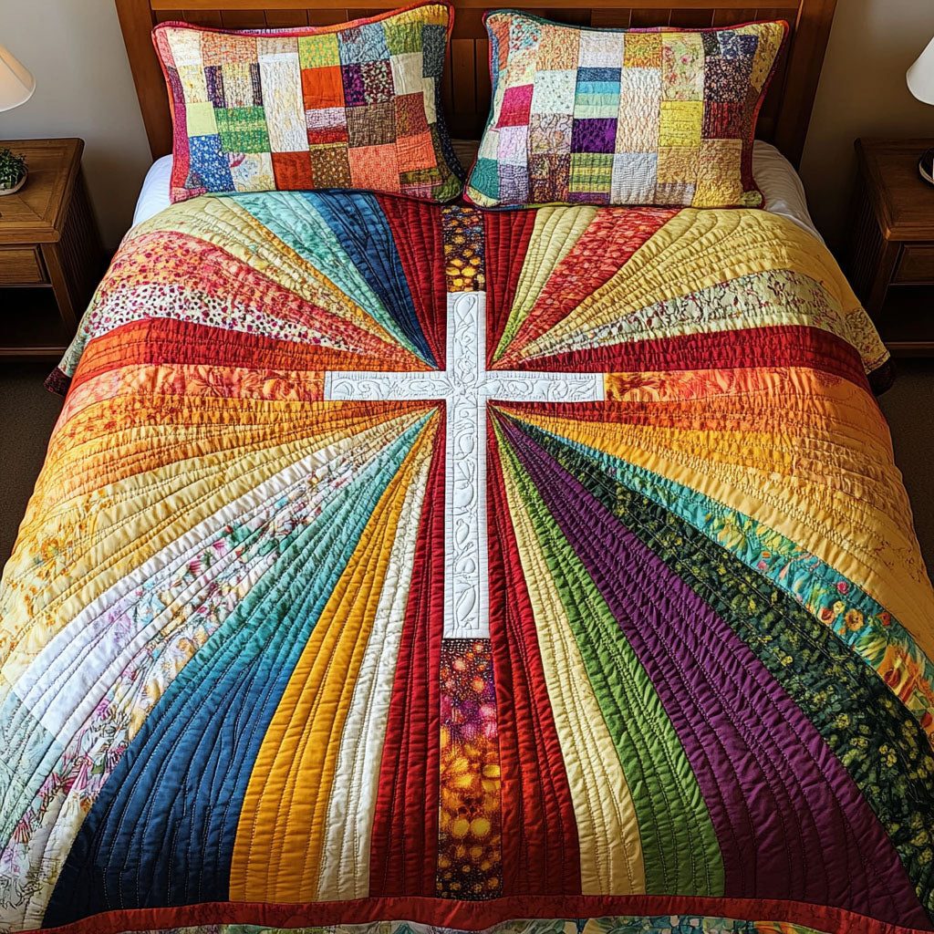 Radiant Cross quilted 3-piece bedding set on a made bed in a softly lit bedroom