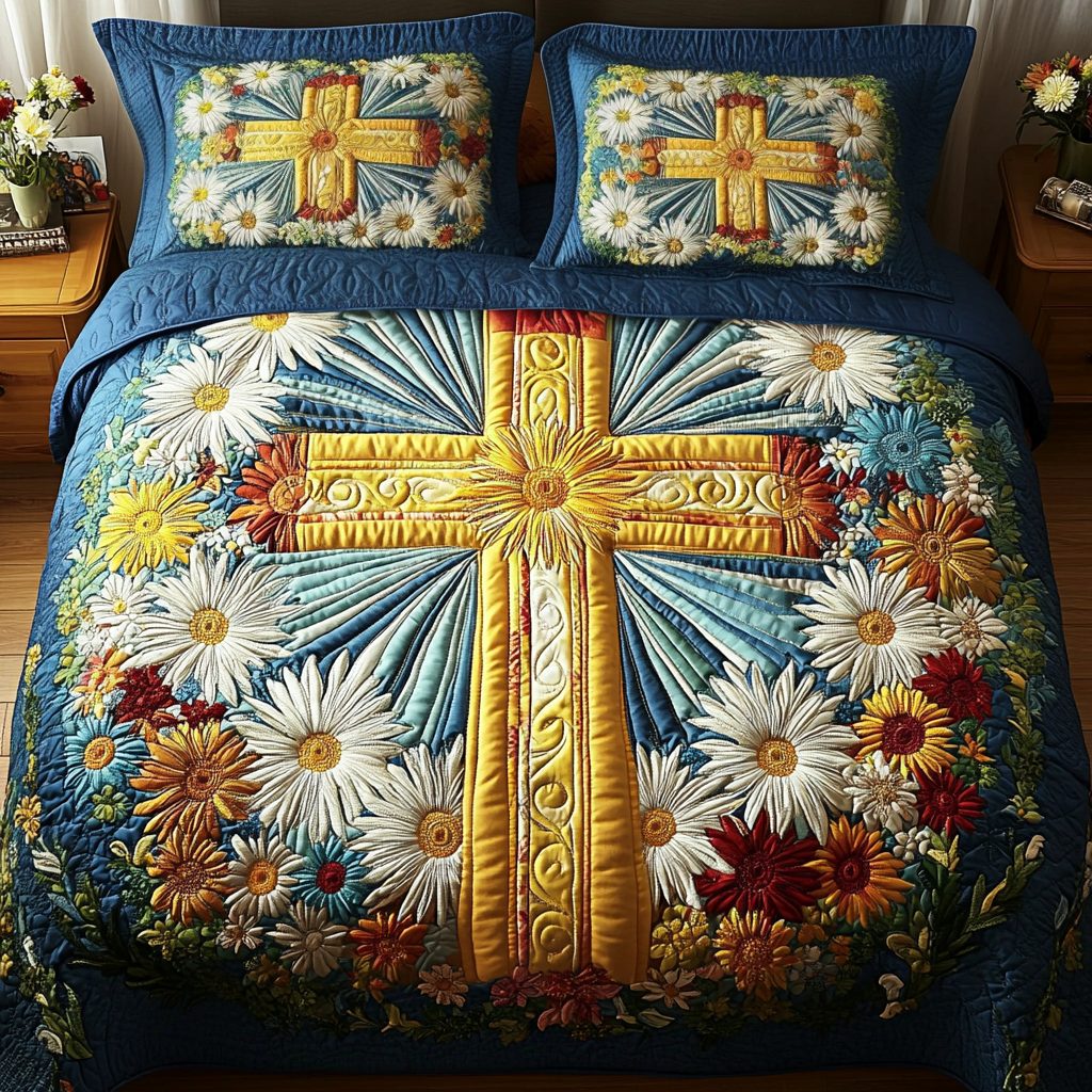 Radiant Cross quilted 3-piece bedding set on a made bed in a softly lit bedroom