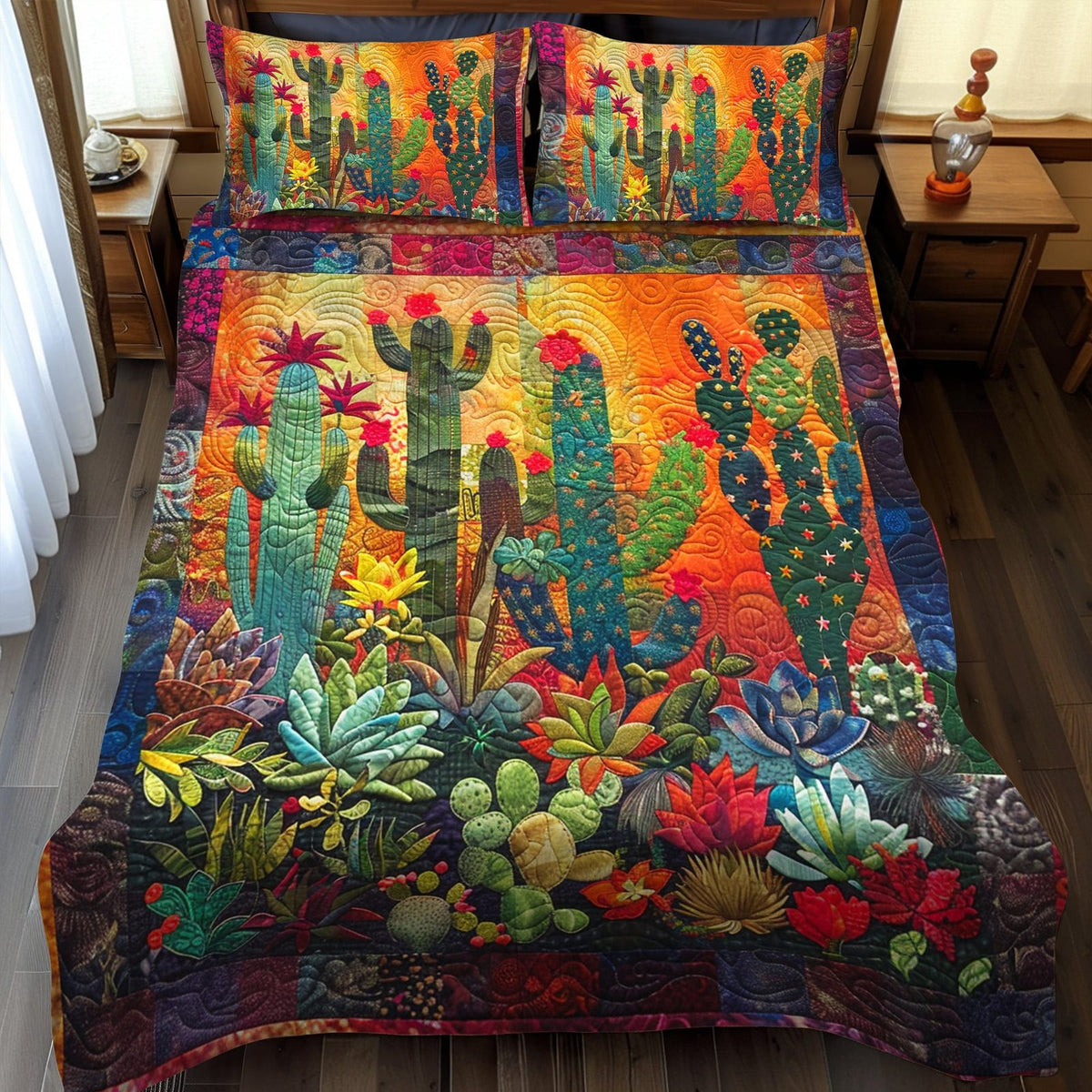 Radiant Desert Cactus quilted 3-piece bedding set on a made bed with two matching pillow shams