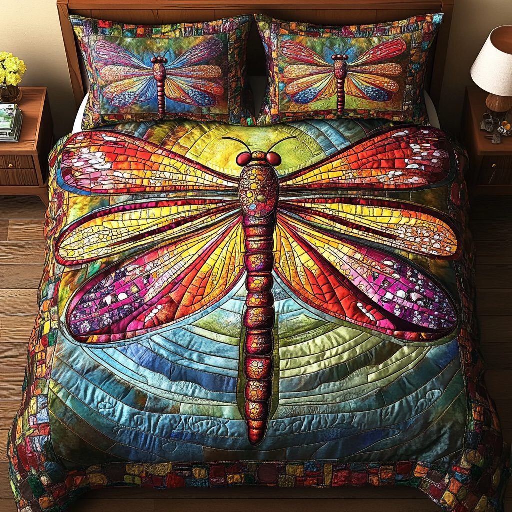 Radiant Dragonfly Glow quilted 3-piece bedding set on a made bed with two matching pillow shams