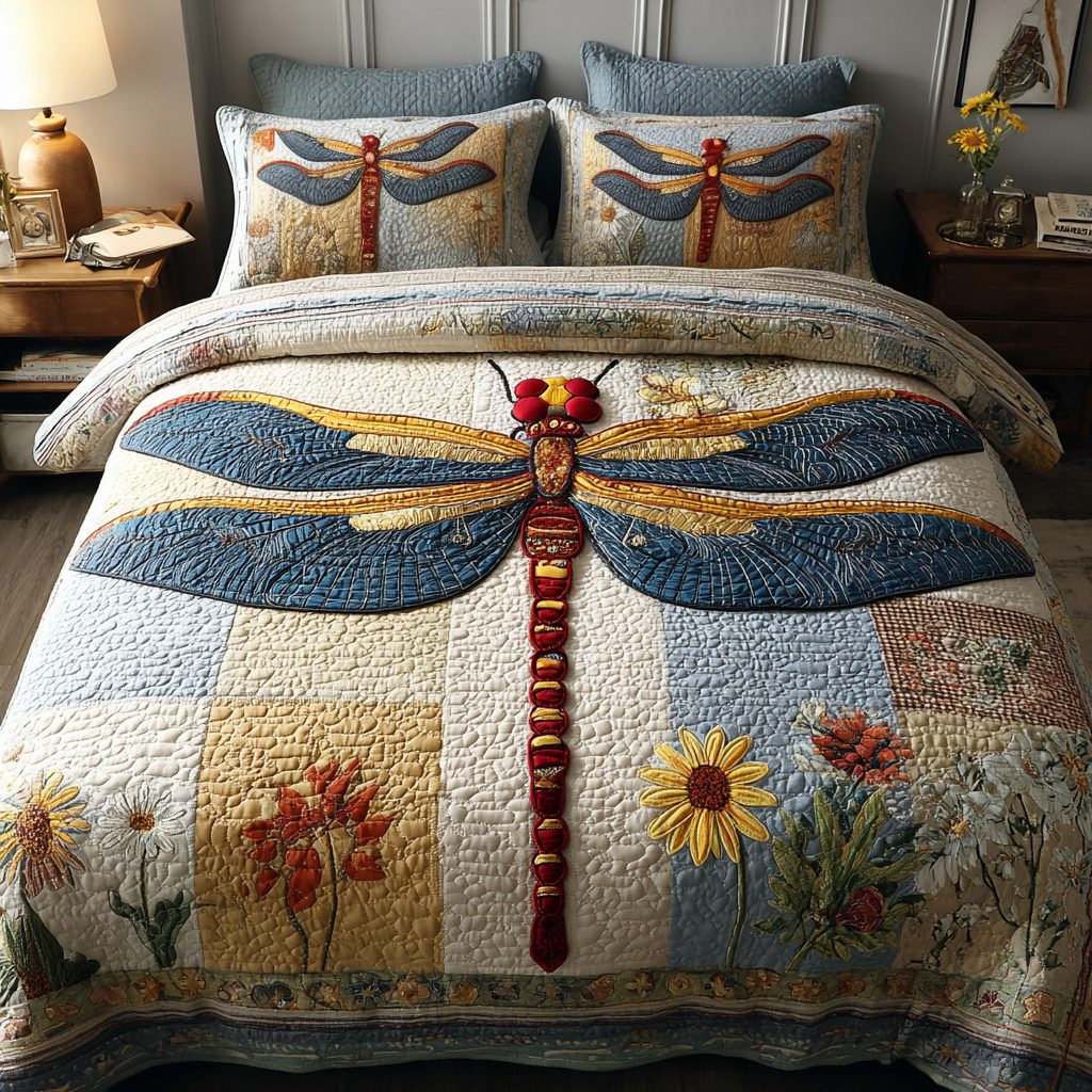 Radiant Dragonfly quilted 3-piece bedding set on a made bed with two matching pillow shams