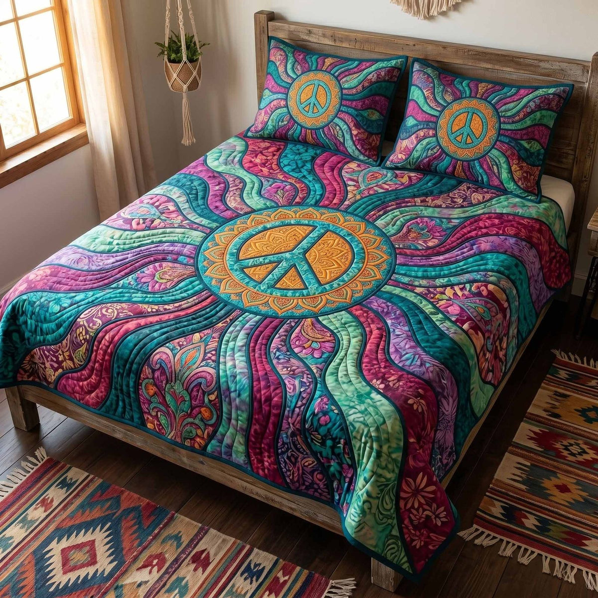 Radiant Flow quilted 3-piece bedding set on a made bed with two matching pillow shams