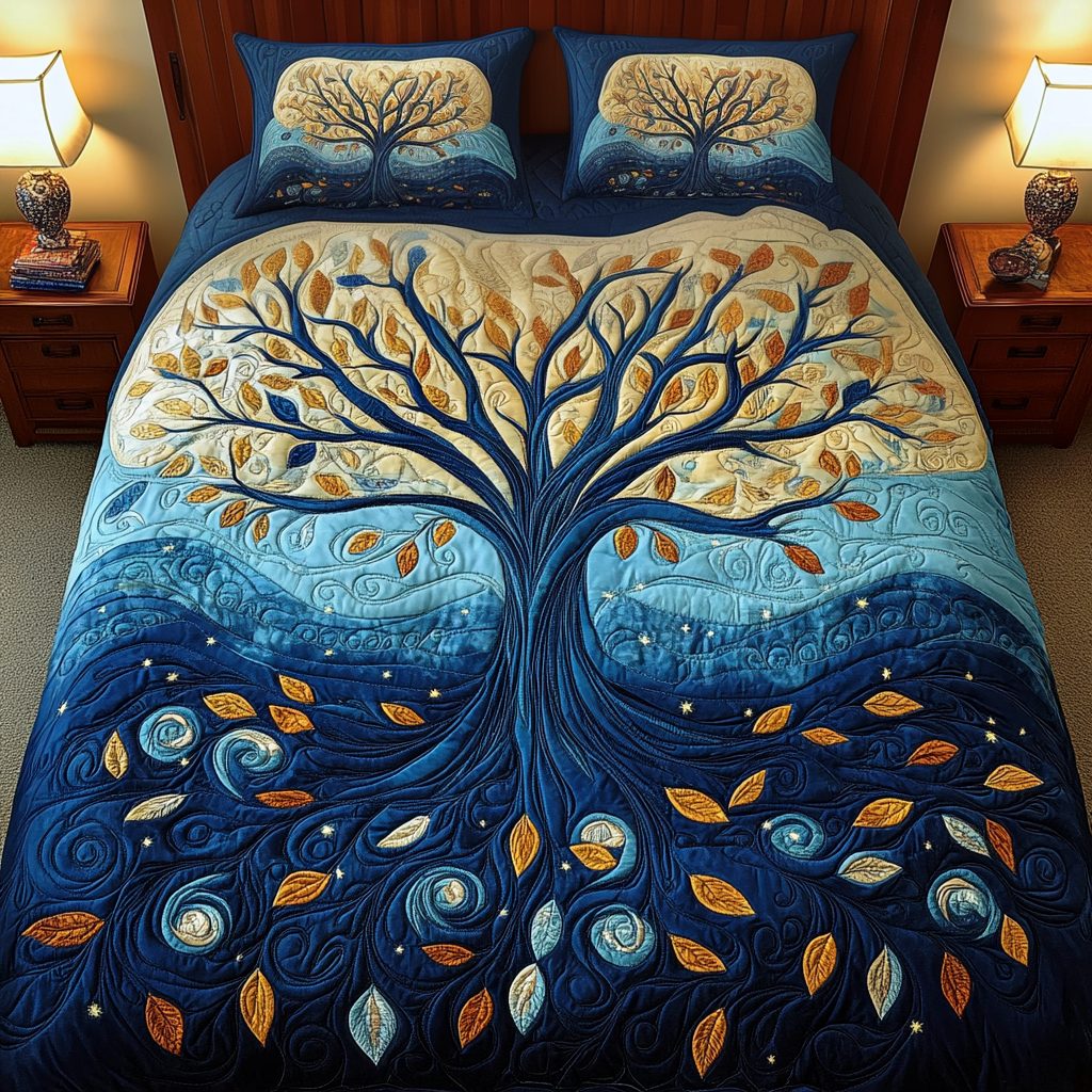 Radiant Forest quilted 3-piece bedding set on a made bed with two matching pillow shams