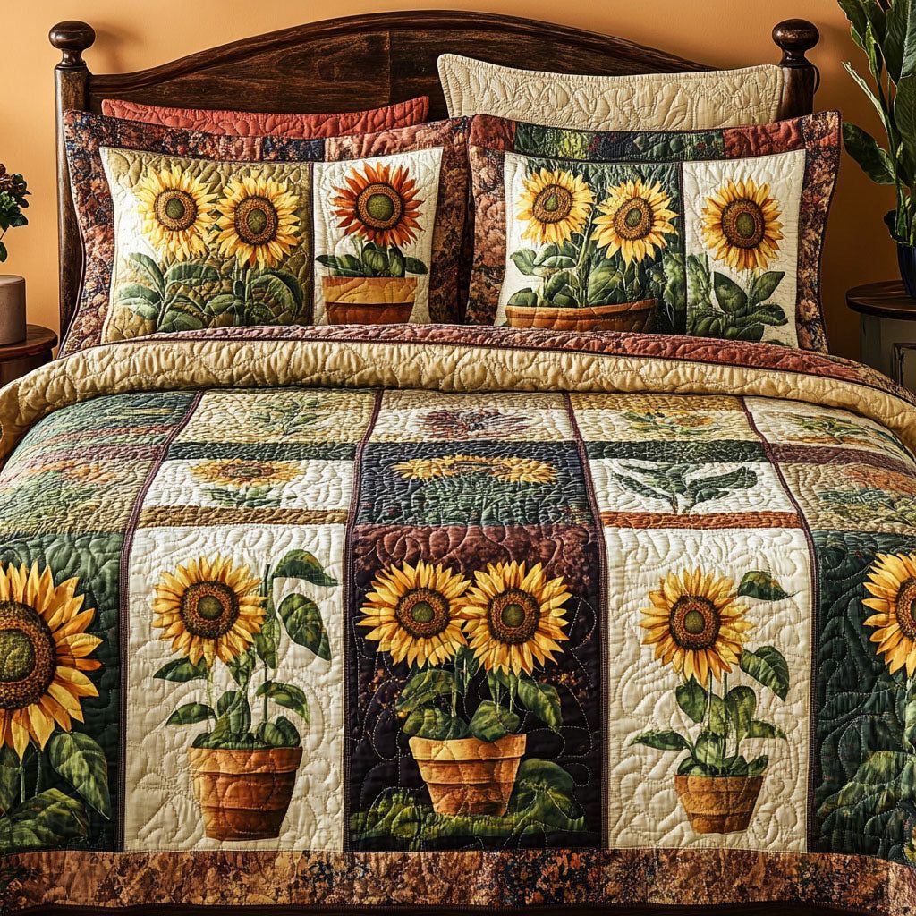 Radiant Garden quilted 3-piece bedding set on a made bed with two matching pillow shams